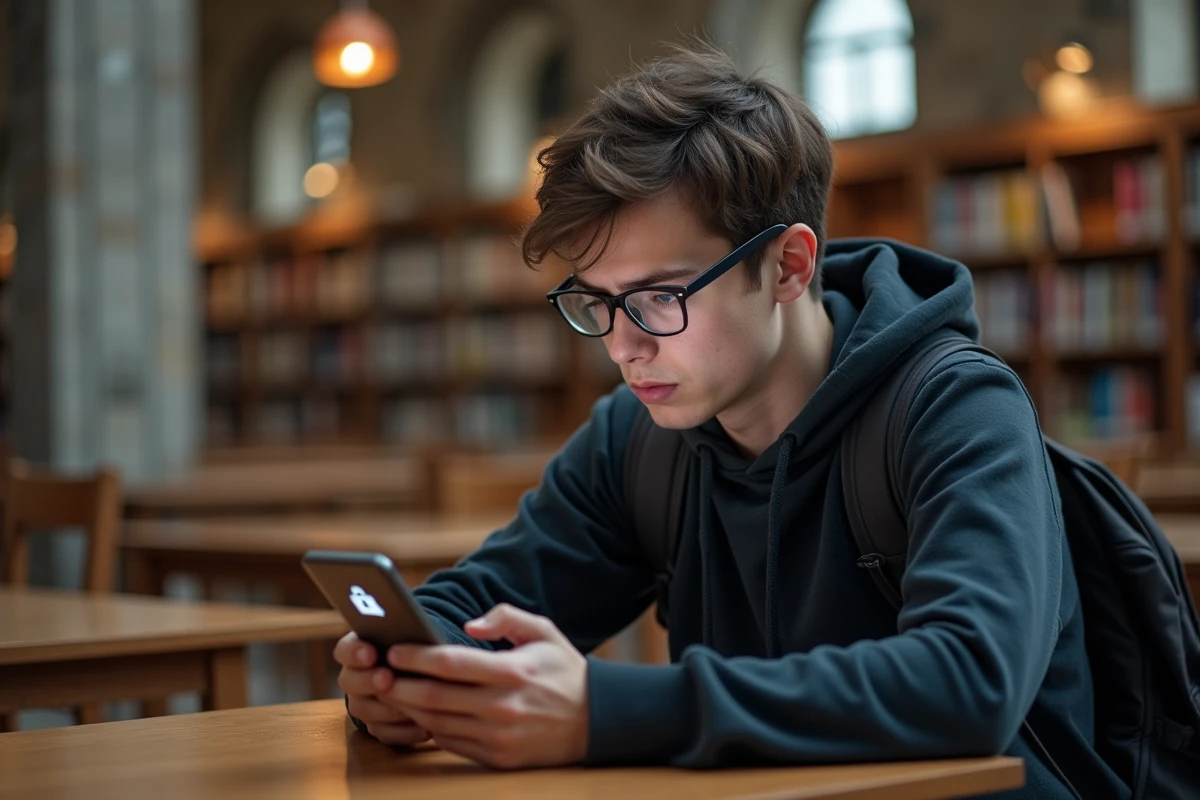 Étudiant inquiet consultant une page de connexion frauduleuse sur son smartphone dans une bibliothèque universitaire