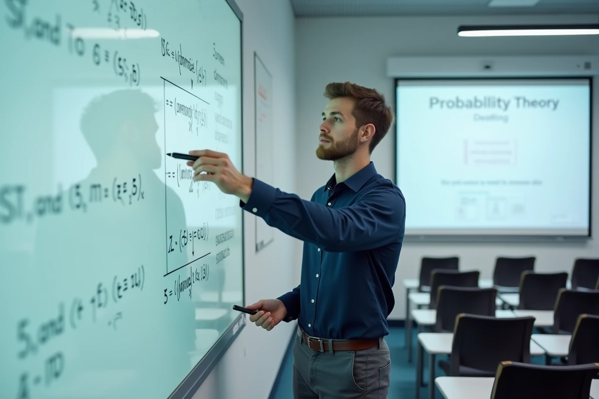 Étudiant en master de mathématiques résolvant des équations de théorie des probabilités au tableau blanc pour préparer le master El Karoui