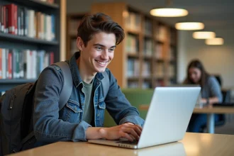 Étudiant universitaire souriant avec ordinateur portable et bibliothèque