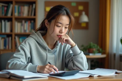 Étudiante calculant une moyenne avec coefficient sur 20 dans sa chambre avec calculatrice et cahier de notes