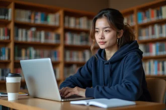 Étudiante connectée à l'ENT Paris Nanterre sur son ordinateur portable dans une bibliothèque universitaire