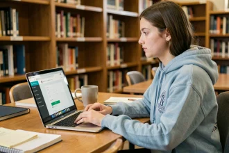 Étudiante connectée à l'ENT Rochelle sur un ordinateur portable dans une bibliothèque universitaire
