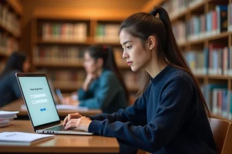 Étudiante tentant de se connecter à son compte Pia sur un ordinateur portable dans une bibliothèque universitaire