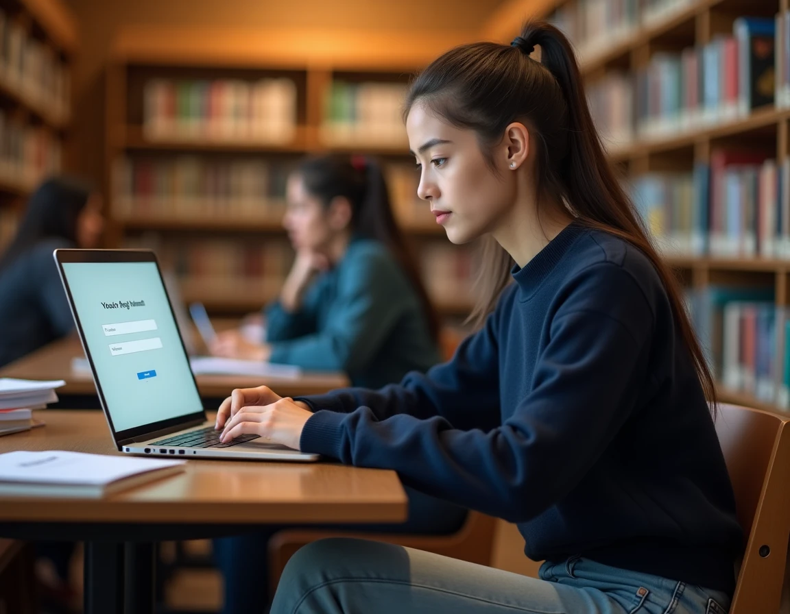 Étudiante tentant de se connecter à son compte Pia sur un ordinateur portable dans une bibliothèque universitaire