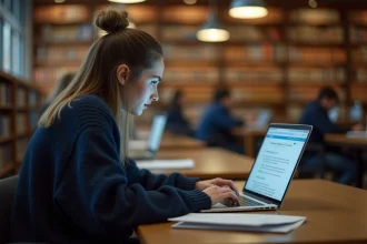 Étudiante utilisant une plateforme de cours en ligne sur son ordinateur portable dans une bibliothèque universitaire