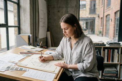 Étudiante en design dessinant des esquisses sur une table à dessin dans un studio créatif avec murs en béton et étagères remplies de sketchbooks