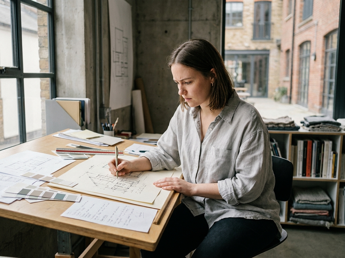 Étudiante en design dessinant des esquisses sur une table à dessin dans un studio créatif avec murs en béton et étagères remplies de sketchbooks