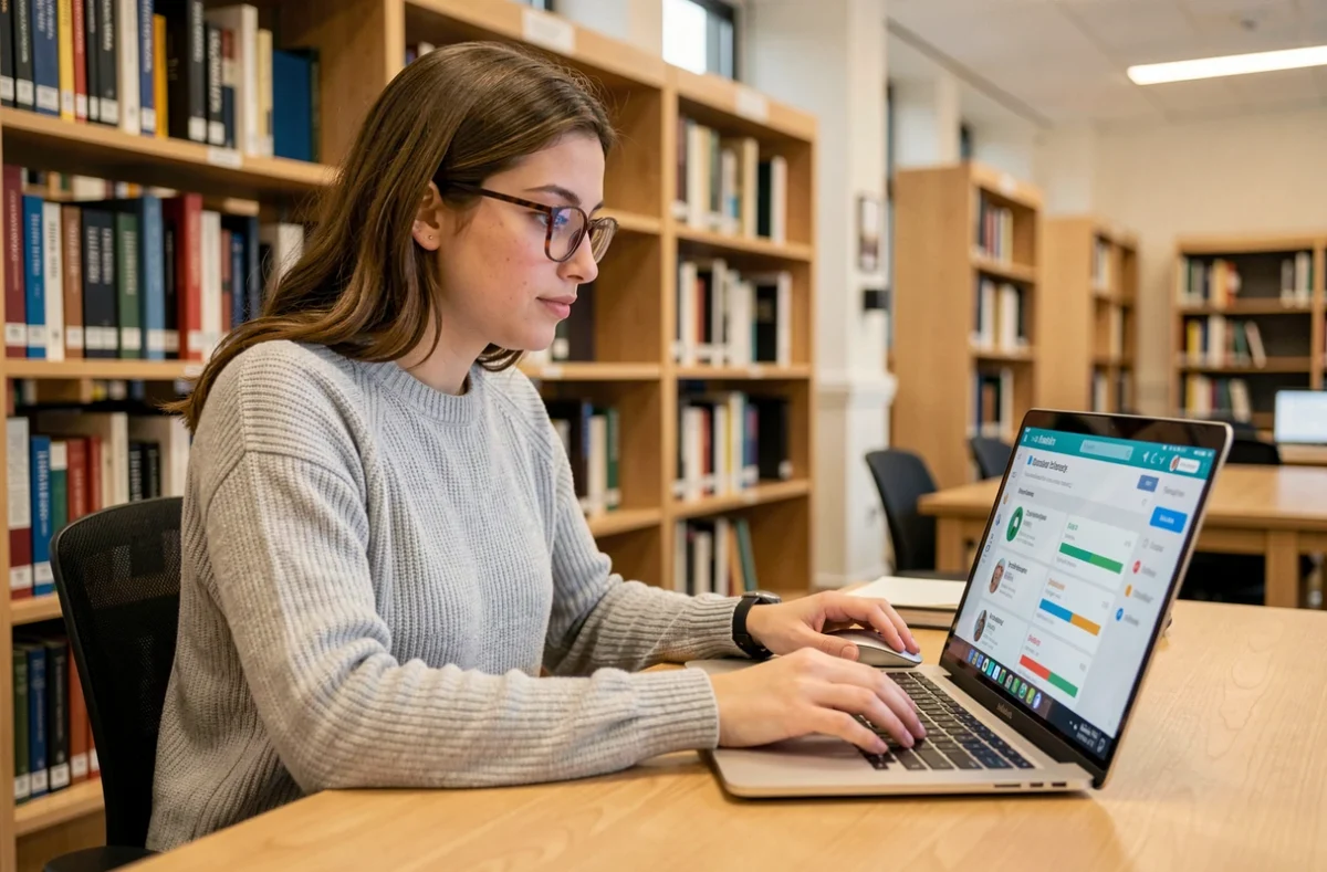 Étudiante créant son compte sur ECampus Poli dans une bibliothèque universitaire moderne