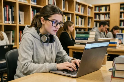 Étudiante connectée à l'ENT AMU sur son ordinateur portable dans une bibliothèque universitaire