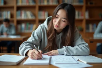 Étudiante en mathématiques préparant le master El Karoui à la bibliothèque universitaire avec des notes de calcul stochastique