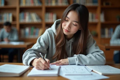 Étudiante en mathématiques préparant le master El Karoui à la bibliothèque universitaire avec des notes de calcul stochastique