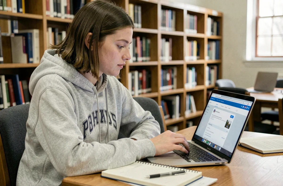Étudiante configurant sa messagerie universitaire UTT sur un ordinateur portable en bibliothèque