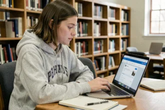Étudiante configurant sa messagerie universitaire UTT sur un ordinateur portable en bibliothèque