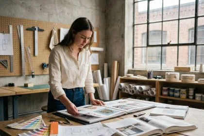 Étudiante en arts appliqués examinant un portfolio dans un atelier scolaire avec des échantillons de couleurs et des croquis techniques