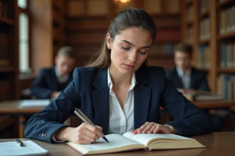 Étudiante préparant les coefficients BCE 2026 en langues dans une bibliothèque universitaire