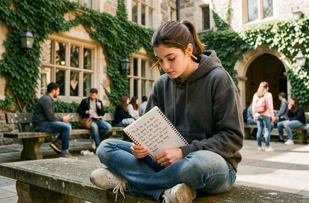 Étudiante écrivant une strophe de six vers dans un cahier poétique dans une cour d'université française