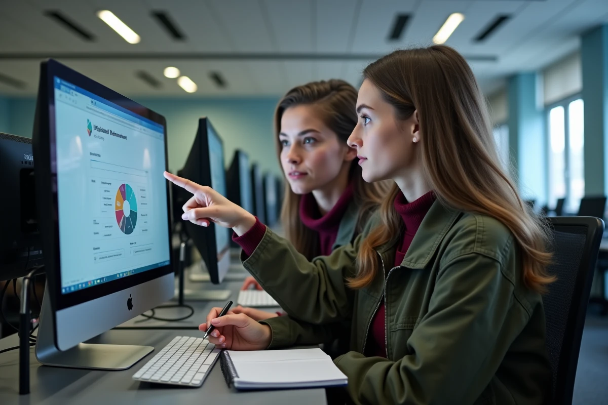 Deux étudiantes consultant ensemble l'ENT Paris Nanterre sur un poste informatique en salle informatique universitaire