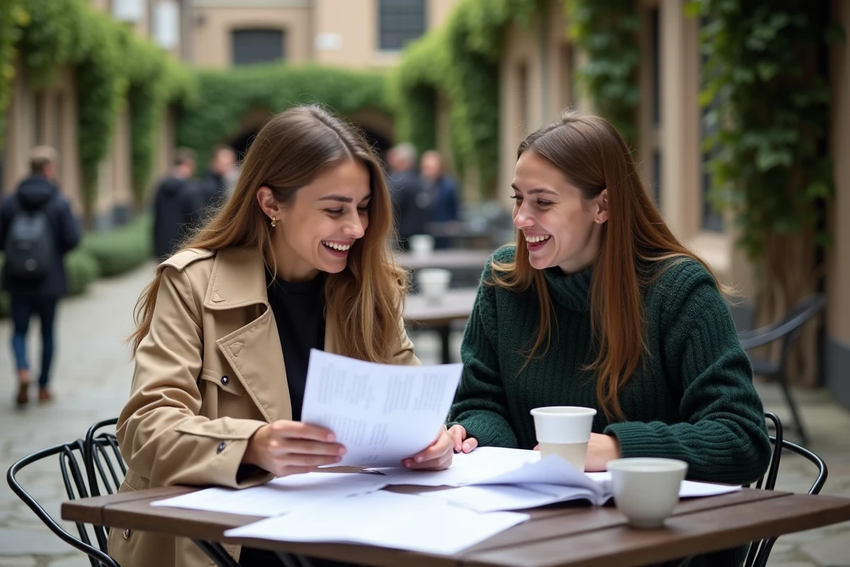 Deux étudiantes révisant les coefficients BCE 2026 en langues en terrasse de campus