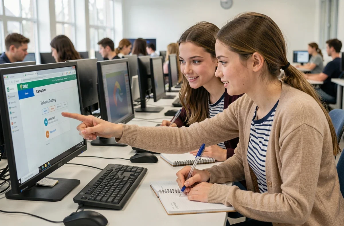 Deux étudiantes validant des modules sur ECampus Poli dans une salle informatique universitaire