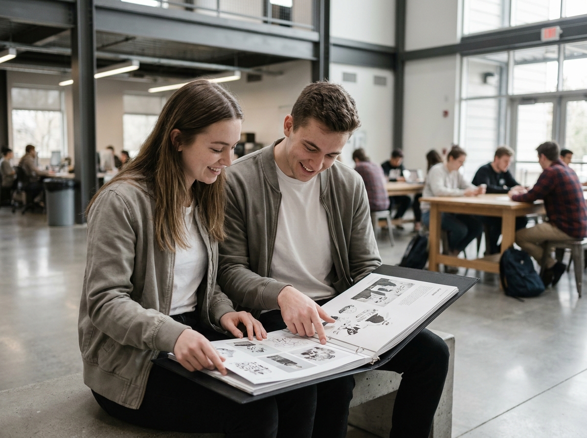 Deux étudiants en année préparatoire de design consultant un portfolio dans le hall d'une école de design avec ambiance industrielle