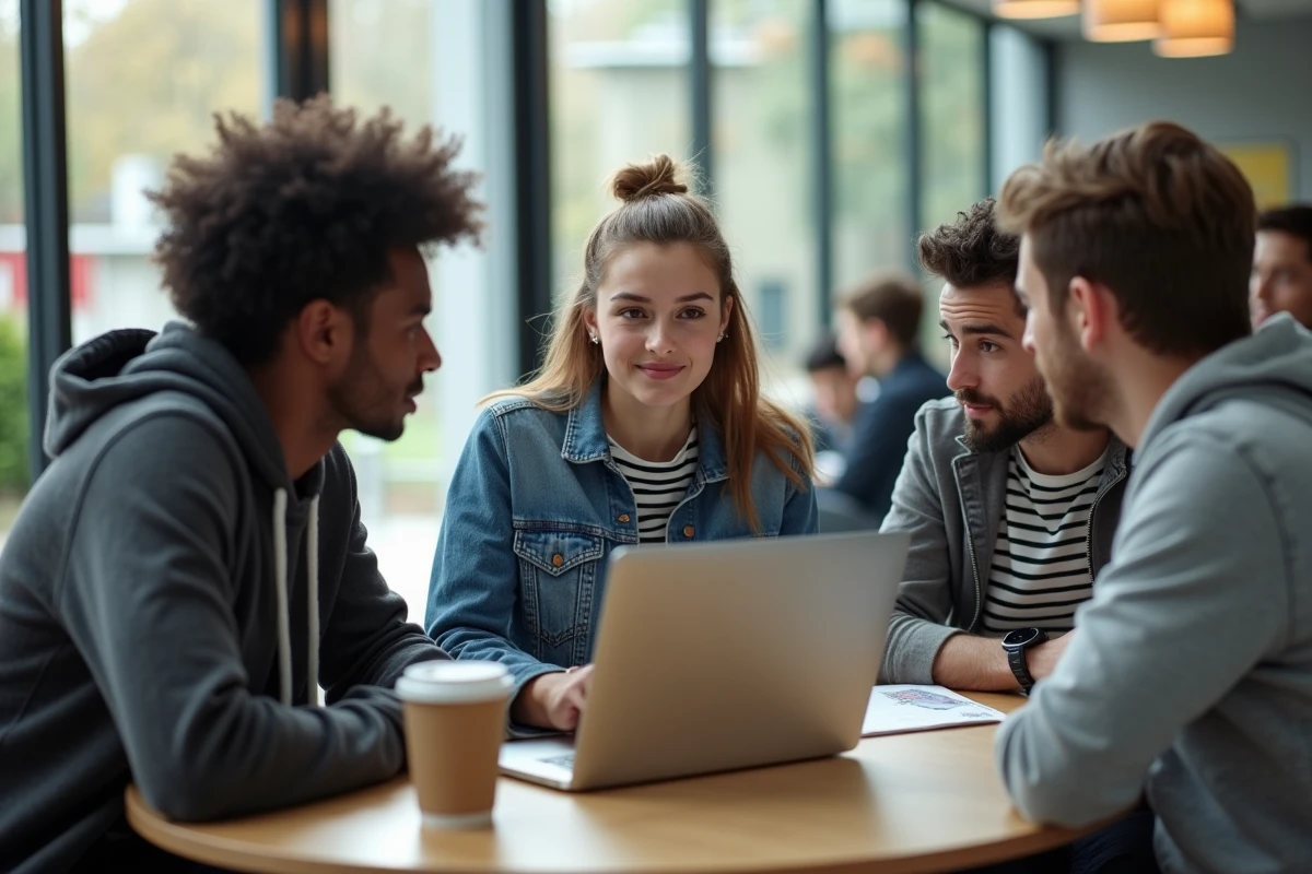 Groupe d'étudiants collaborant sur une plateforme numérique partagée dans un espace commun de campus universitaire