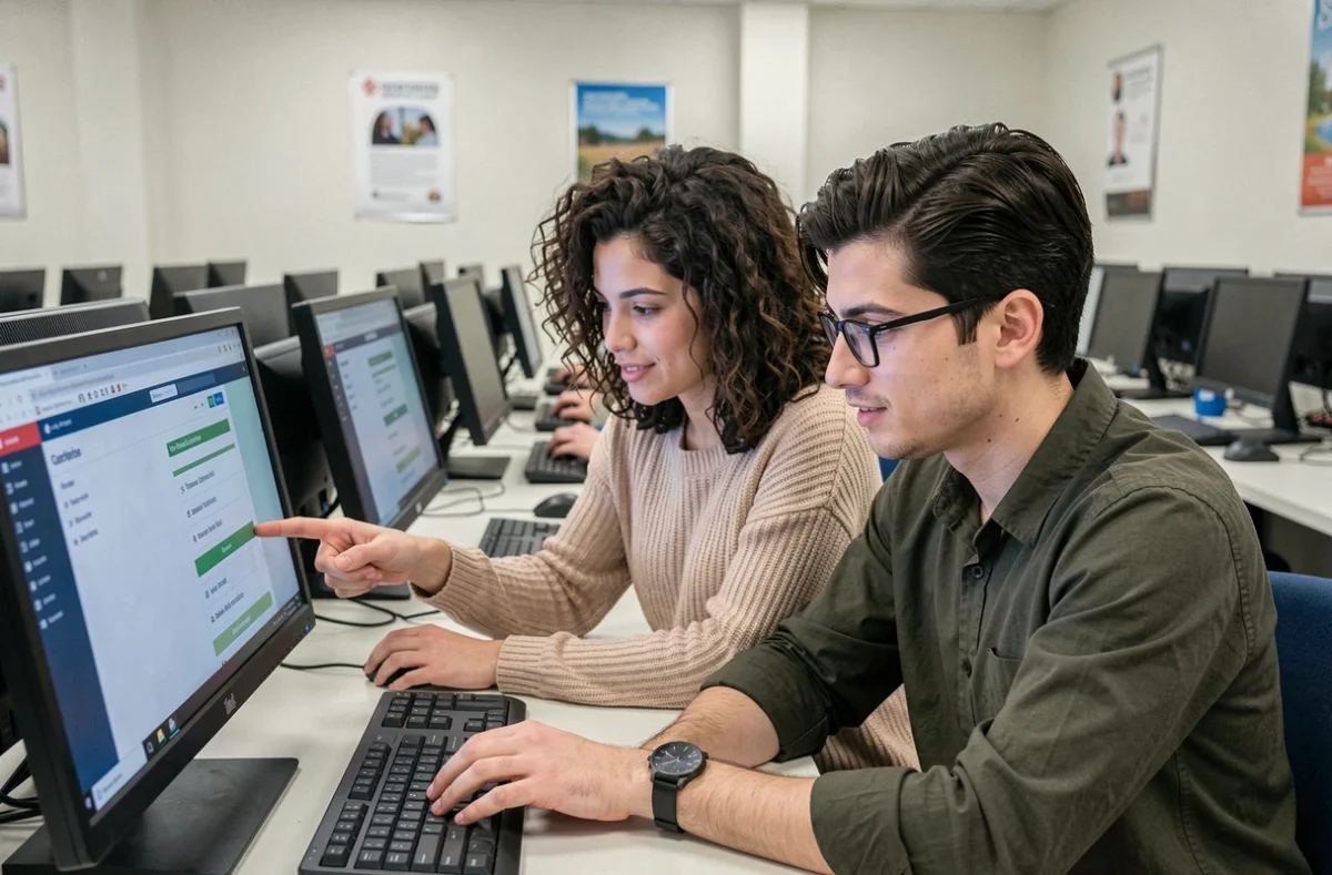 Deux étudiants explorant ensemble les services de l'ENT AMU dans une salle informatique universitaire