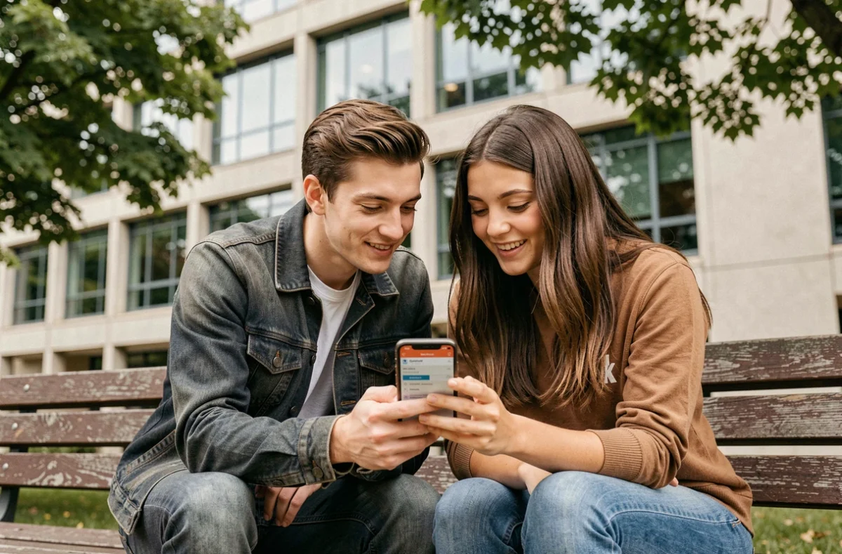 Deux étudiants consultant la configuration de la messagerie ENT UTT sur smartphone en extérieur