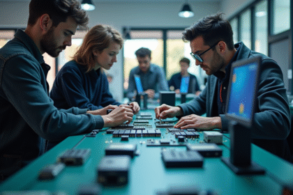Étudiants collaborant dans un laboratoire électronique moderne