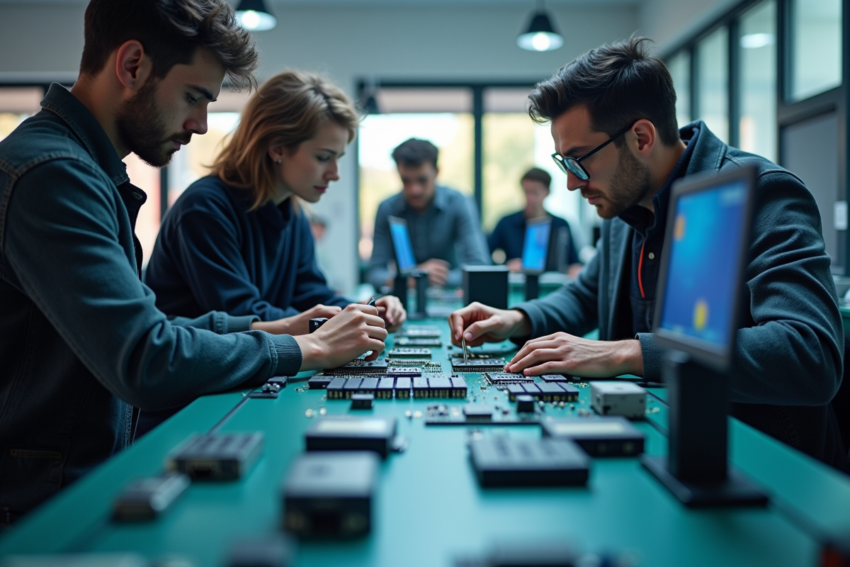 Étudiants collaborant dans un laboratoire électronique moderne