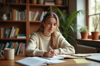Jeune femme étudiant la conjugaison espagnole à l'imparfait avec ser, ir et ver dans un carnet ouvert sur un bureau en bois