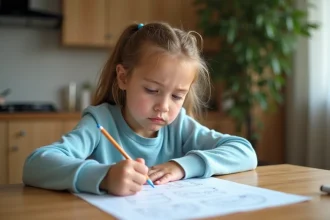 Jeune fille de CE1 faisant ses devoirs sur une feuille d'exercice imprimée à la table de cuisine