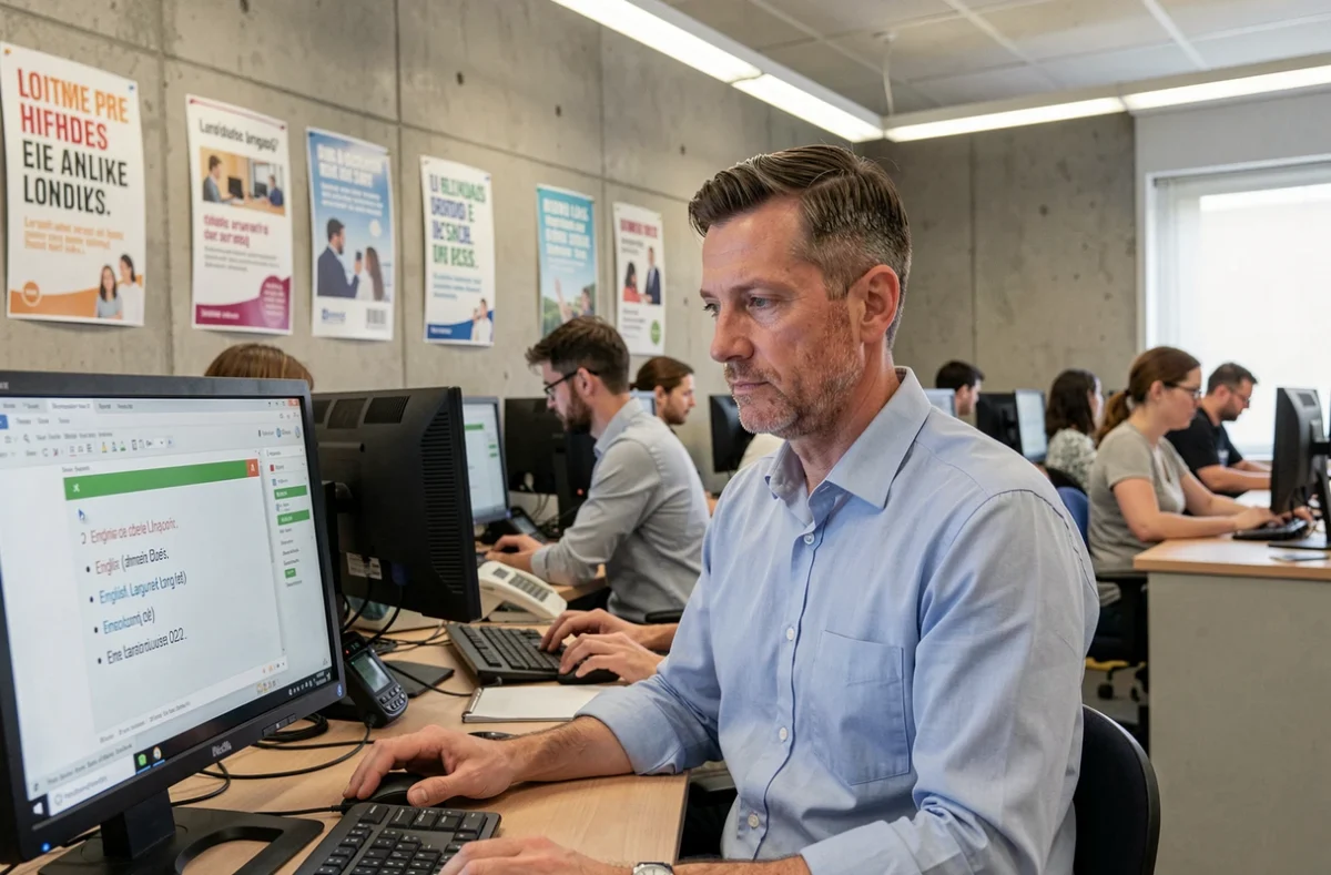 Adulte en formation linguistique anglaise sur ordinateur dans le centre FEEIM à Toulouse