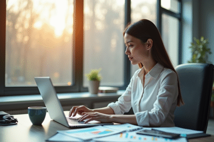 Femme d'affaires analysant des graphiques financiers dans un bureau lumineux