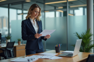 Femme d'affaires en costume dans un bureau moderne