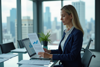 Femme d'affaires confiante en costume navy examine un rapport financier