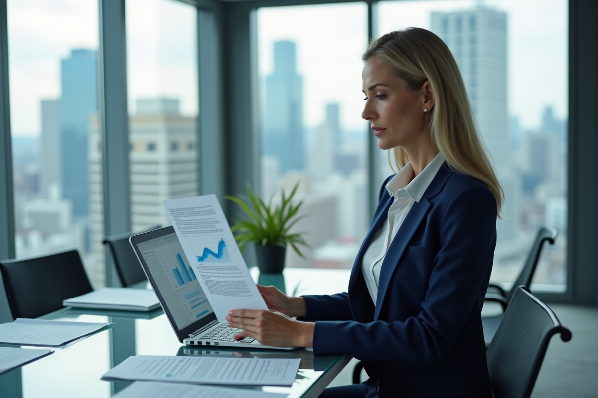 Femme d'affaires confiante en costume navy examine un rapport financier