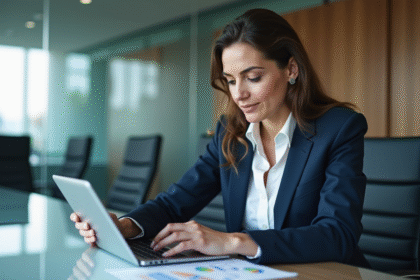 Femme d'affaires confiante avec graphique sur tablette