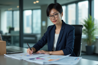 Femme d'affaires en costume bleu examine des documents financiers