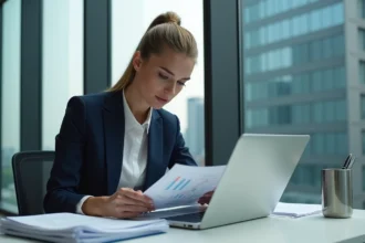 Femme d'affaires en costume bleu examine des rapports financiers