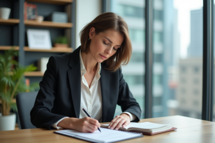 Femme d'affaires en bureau lumineux en pleine réflexion
