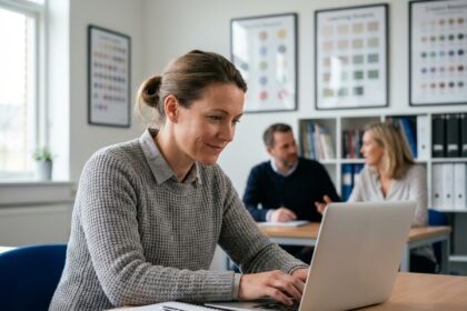 Femme concentrée utilisant un ordinateur dans une salle moderne