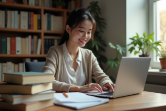 Femme concentrée travaillant avec dictionnaires bilingues dans un bureau cosy