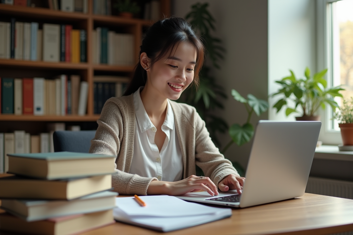 Femme concentrée travaillant avec dictionnaires bilingues dans un bureau cosy
