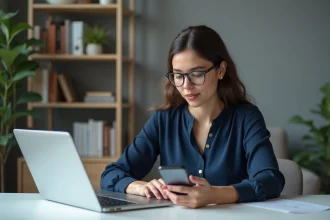 Jeune femme au bureau vérifiant ses emails sur ordinateur