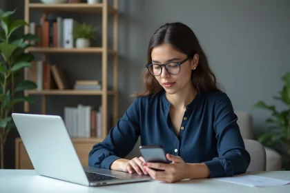 Jeune femme au bureau vérifiant ses emails sur ordinateur