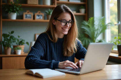 Femme souriante travaillant sur un ordinateur portable à la maison