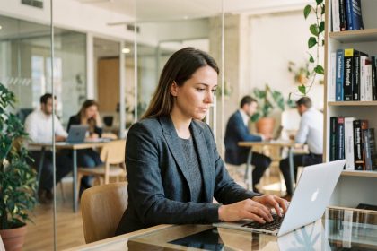 Jeune femme en bureau moderne utilisant un ordinateur