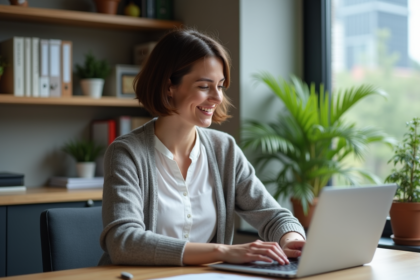 Femme au bureau à domicile souriante et concentrée