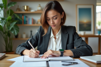Jeune femme au bureau en train d'écrire dans un planner