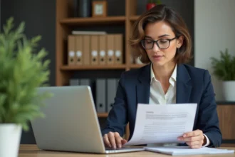 Femme concentrée au bureau avec documents Cyclades